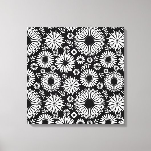 ボーホー フラワーズ ブラックアンドホワイト ベクトル フラワーパターン キャンバスプリント (正面)