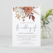 ボーホー フラワーズ QRコード ネイビーブルー 冬のウェディング 招待状 (スタンド正面)