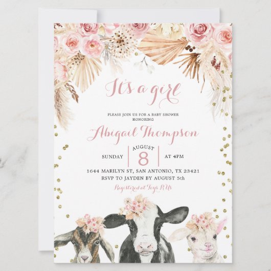 ボーホー フラワーファーム ガール ベビーシャワー 招待状 (正面)