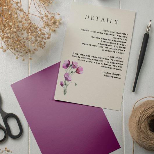 ボーホー フラワープラムとベージュのウェディング詳細 エンクロージャーカード