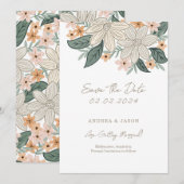 ボーホー フラワーライン 手描きの花の結婚式お知らせカード セーブザデート (正面/裏面)