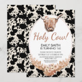 ボーホー フラワール ハイランドカウ 誕生日招待状 招待状 (正面/裏面)