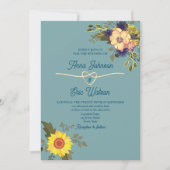 ボーホー フラワー イエロー ピンクとブルーのウェディング 招待状 (正面)
