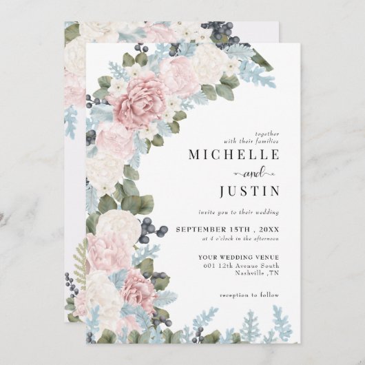 ボーホー フラワー ウィンター ウェディング 招待状 (正面/裏面)