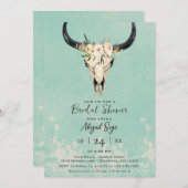 ボーホー フラワー カウ スカル ターコイズ ブライダル シャワー 招待状 (正面/裏面)