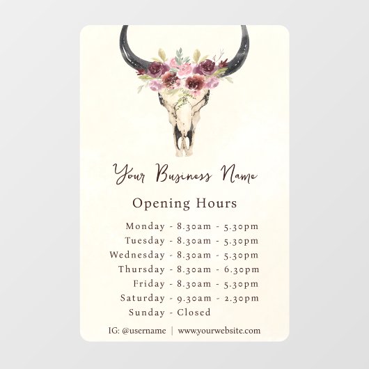 ボーホー フラワー カウ スカル ビジネス ストア アワーズ ウィンドウサイン (シート)