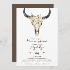 ボーホー フラワー カウ スカル ブラウン ホワイト ブライダル シャワー 招待状