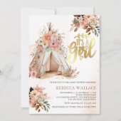 ボーホー フラワー トライバル ティーピー ガール ベビーシャワー 招待状 (正面)