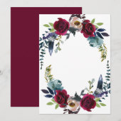 ボーホー フラワー バーガンディー メルロ ネイビーブルー 空白 招待状 (正面/裏面)