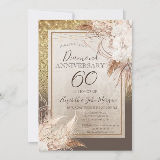 ボーホー フラワー パンパス グラス グリッター アニバーサリー 招待状 (正面)