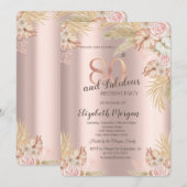 ボーホー フラワー パンパス グラス ローズ ゴールド 80歳の誕生日 招待状 (正面/裏面)