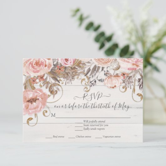 ボーホー フラワー ピンク ローズ ラスティック ウッド RSVP 返信 (スタンド正面)