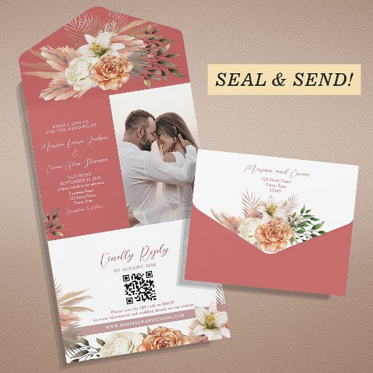 ボーホー フラワー ピーチ ウェディング オールインワン招待状