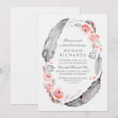 ボーホー フラワー フェザーズ ヴィンテージ ブライダル シャワー 招待状 (正面/裏面)