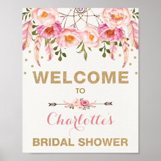 ボーホー フラワー ブライダル シャワー ピンク ゴールド ドリームキャッチャー ポスター (正面)