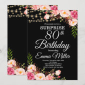 ボーホー フラワー & ライト サプライズ 80歳の誕生日 招待状 (正面/裏面)