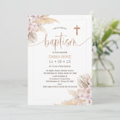 ボーホー フラワー ローズゴールド カリグラフィー 洗礼 招待状 (スタンド正面)