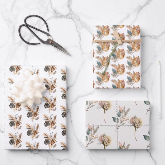 ボーホー フローラル パームリーフ パンパスグラス 誕生日 ラッピングペーパーシート (正面)