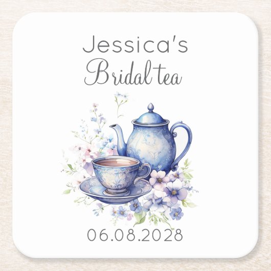 ボーホー ブライダル ティー ブルー フラワーズ ヴィンテージ ブライダル シャワー スクエアペーパーコースター (正面)