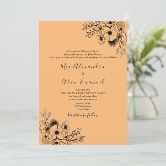 ボーホー ブラックとオレンジ オールインワン ウェディング 招待状 (スタンド正面)