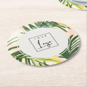 ボーホー ブラッシュ グリーン トロピカル パームリーフ ビーチ ロゴ ラウンドペーパーコースター (アングル)
