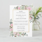 ボーホー ブラッシュ ピンク セージ グリーン タウペー フラワー ウェディング 招待状 (スタンド正面)