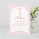 ボーホー ブラッシュ ピンク デイジー 1歳 誕生日招待状 招待状 (スタンド正面)