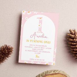 ボーホー ブラッシュ ピンク デイジー 1歳 誕生日招待状 招待状