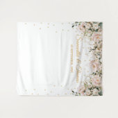 ボーホー ブラッシュ ピンク フラワーズ ゴールド リーフ ボーホー ウェディング タペストリー (正面(横))