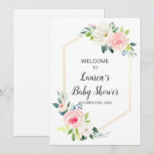 ボーホー ブラッシュ ピンク フラワーベビーシャワー ウェルカム 招待状 (正面/裏面)