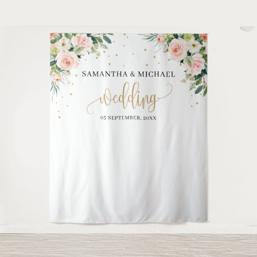 ボーホー ブラッシュ ピンク フラワール ゴールド グリーン ウェディング バックドロップ タペストリー (正面)