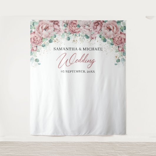 ボーホー ブラッシュ ピンク フラワー ゴールド グリーン ウェディング バックドロップ タペストリー (正面)