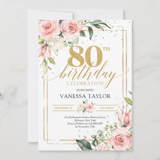 ボーホー ブラッシュ ローズ 花 ユーカリ 80歳の誕生日 招待状 (正面)