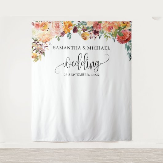 ボーホー ブラッシュ ワインレッド オレンジ 花のウェディングバックドロップ タペストリー (正面)