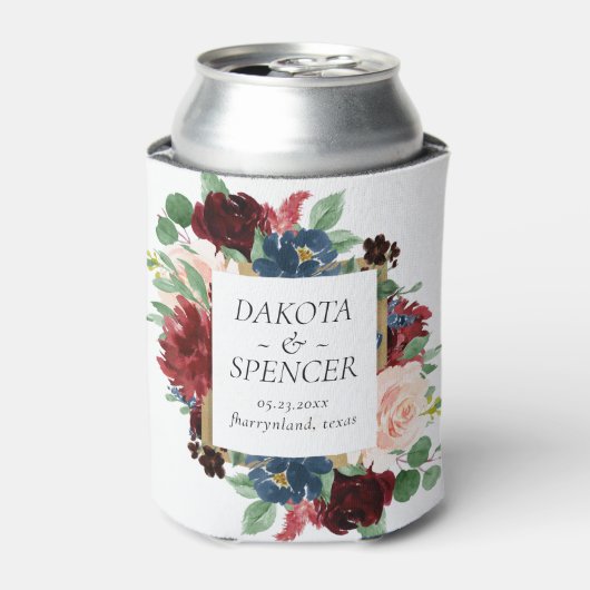 ボーホー ブルーム | バーガンディ レッドとネイビー セーブ・ザ・デート 缶クーラー (缶正面)