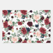 ボーホー ブルーム | バーガンディ レッドとネイビー ブルーの花 ラッピングペーパーシート (正面)