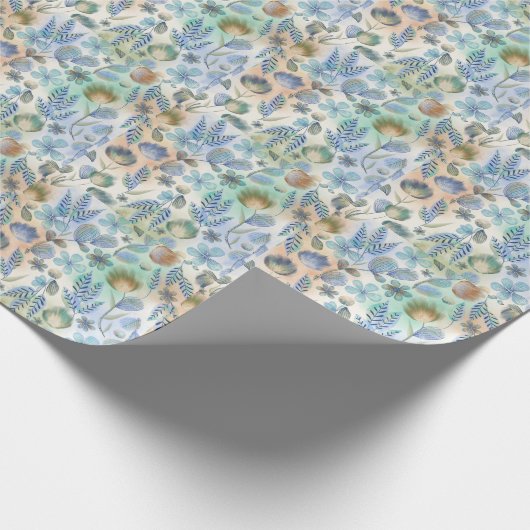 ボーホー ブルー グリーン フリル フラワー ボタニカル ラッピングペーパー (角)