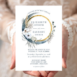 ボーホー ブルー ムーン フラワー リース ウェディング 招待状