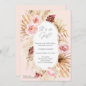 ボーホー ベイビー シャワー ガール ピンク フローラル パンパス 招待状 (正面/裏面)