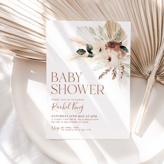 ボーホー ベイビー シャワー 招待状 花 緑の葉 ラスティック