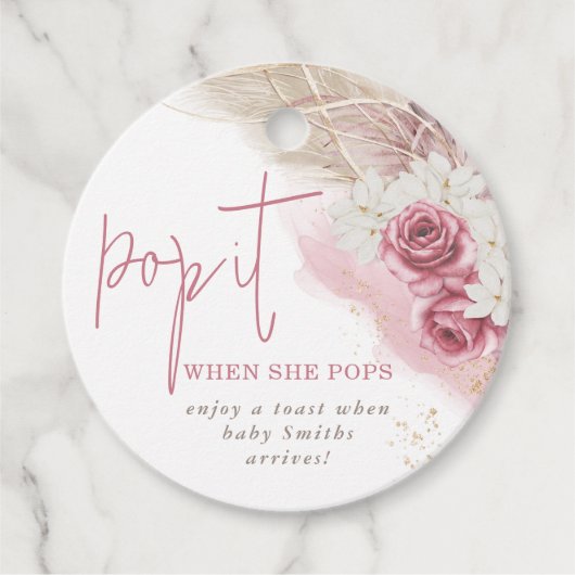 ボーホー ベージュ ローズ ピンク ポップ イット ベイビー シャワー フェイバータグ (正面)