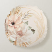ボーホー ベージュ 水彩花 ヤシの木 サイコロ型クッション ラウンドクッション (正面)