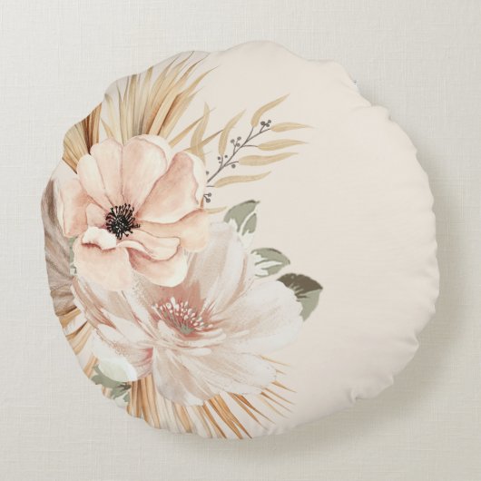 ボーホー ベージュ 水彩花 ヤシの木 サイコロ型クッション ラウンドクッション (裏面)