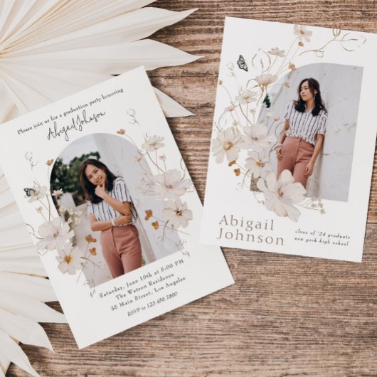 ボーホー ベージュ 水彩 花柄 卒業パーティー 招待状
