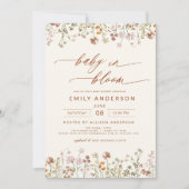 ボーホー ベージュ QR コード ワイルドフラワー ベビー シャワー 招待状 (正面)