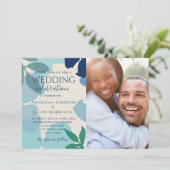 ボーホー ボタニカル ネイビー ダスティーブルー フォト ウェディング 招待状 (スタンド正面)