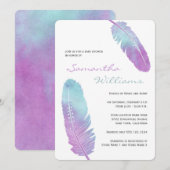 ボーホー ボヘミアンフェザーパープルベイビーシャワー 招待状 (正面/裏面)