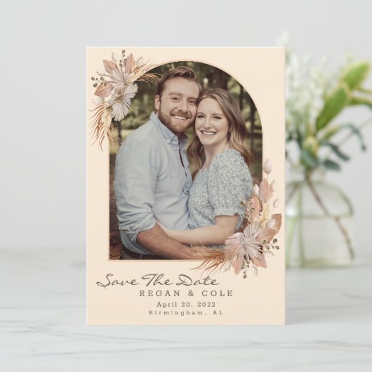 ボーホー ポンパス グラス セーブ・ザ・デート ウェディング カード (スタンド正面)