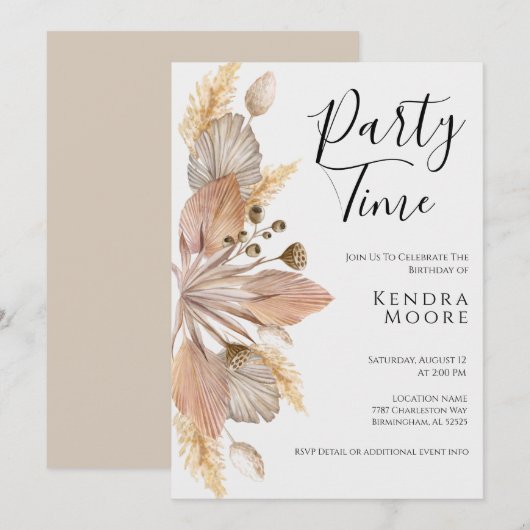 ボーホー ポンパス グラス 誕生日 招待状 どんな年齢にも (正面/裏面)