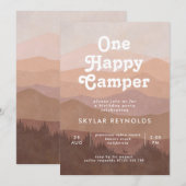 ボーホー マウンテンズ ワン ハッピー キャンパー ガールズ 1歳の誕生日 招待状 (正面/裏面)